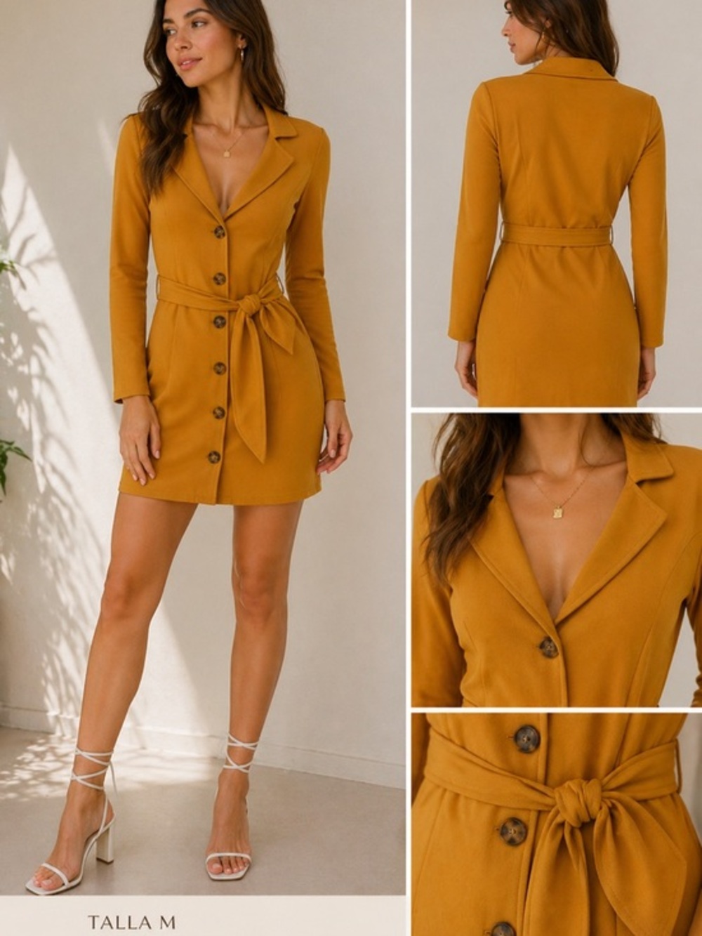 Tailored Mustard Button-Front Belted Dress